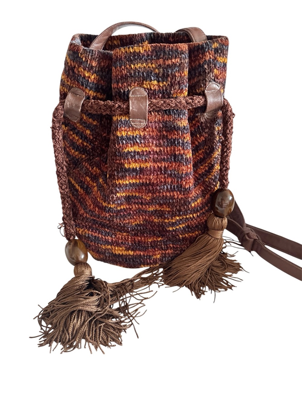 Vintage Sharif Knit Earthtone Boho Tassel Bucket Bag